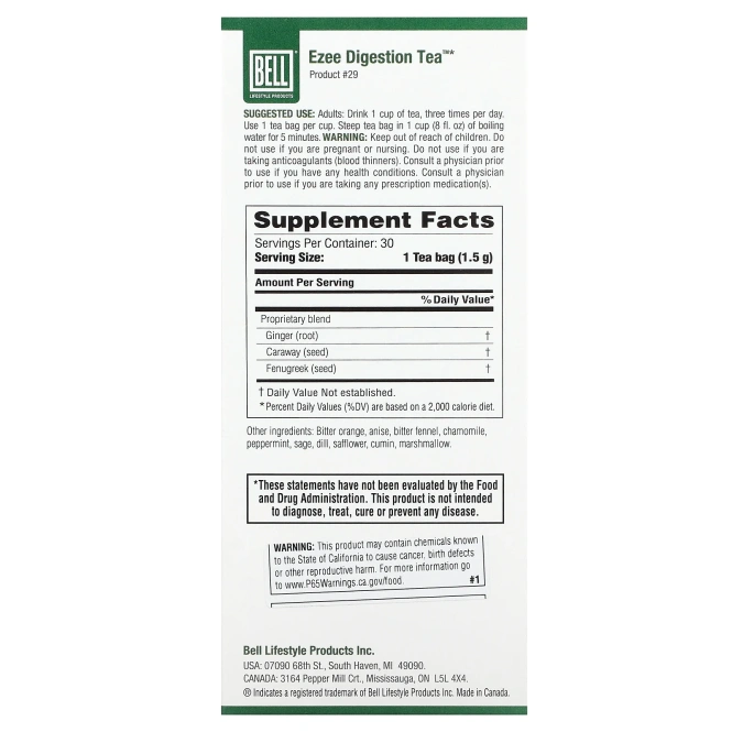 Bell Lifestyle, Ezee Digestion Tea™, 30 чайных пакетиков, 45 г