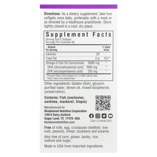 Bluebonnet Nutrition, Натуральный состав для мозга с омега-3, 120 мягких капсул