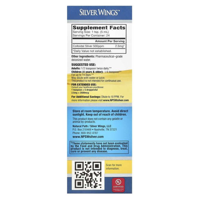 Natural Path Silver Wings, Коллоидное серебро, 500 ppm, 4 жидкие унции (120 мл)