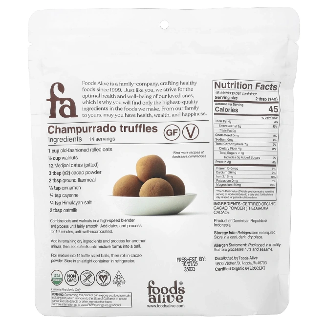 Foods Alive, Какао в порошке, 227 г (8 унций)