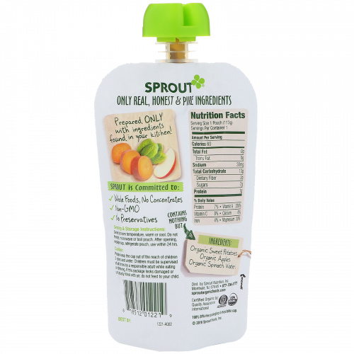 Sprout Organic, Детское питание, Этап 2, Сладкий картофель, яблоко, шпинат, 4 унц. (113 г)