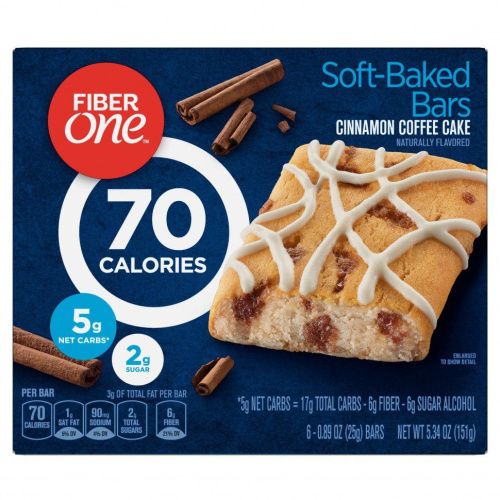 Fiber One, Soft-Baked Bars, кофейный торт с корицей, 6 батончиков, 25 г (0,89 унции)