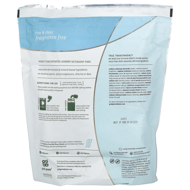 Grab Green, Капсулы со стиральным порошком «3 в 1», без запаха, 60 загрузок, 1080 г (2 фунта), 6 унций