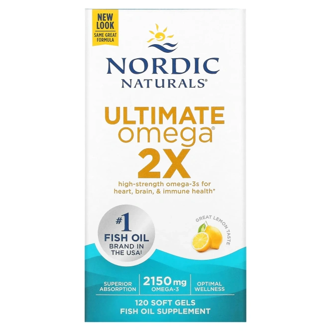 Nordic Naturals Ultimate Omega 2X высокоэффективные омега-3 кислоты со вкусом лимона 2150 мг, 120 капсул (1075 мг в 1 капсуле)