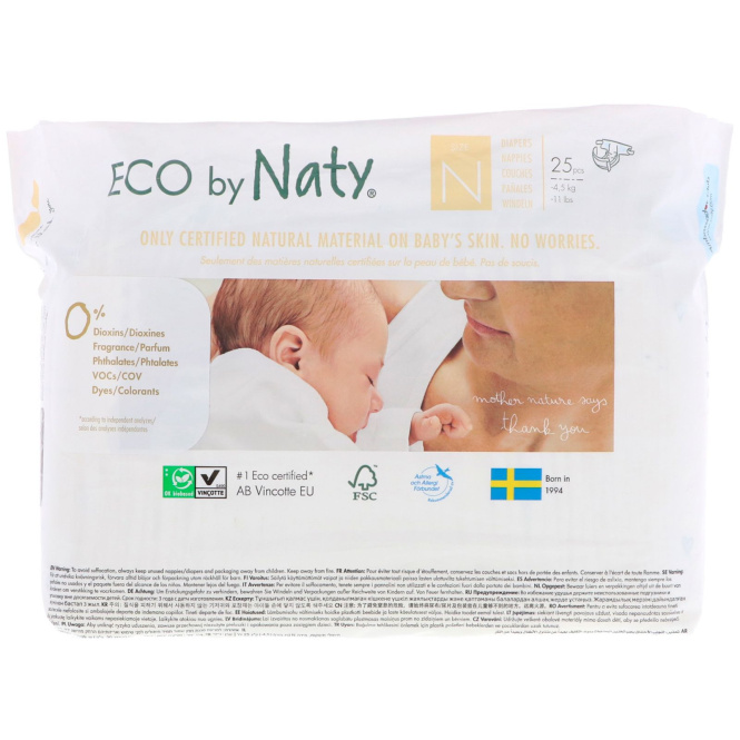Naty, Подгузники, Размер N, -11 фунтов (-4,5 кг), 25 подгузников