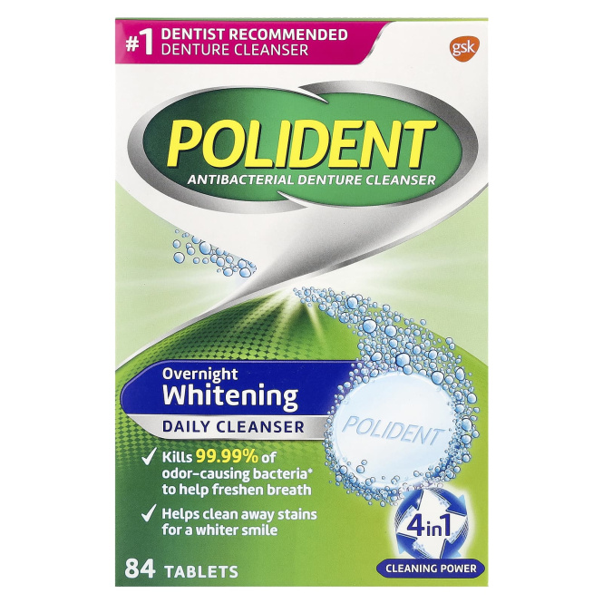 Polident, Антибактериальное средство для очищения зубных протезов, ежедневное отбеливающее средство, тройная мята, 84 таблетки