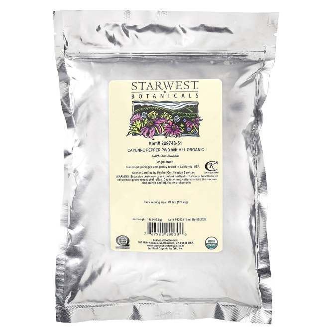 Starwest Botanicals, Порошок из органического кайенского перца, 90 тыс. HU, 453,6 г (1 фунт)