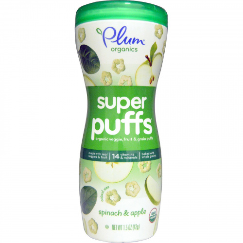 Plum Organics, Super Puffs, органические колечки из овощей, фруктов и злаков, шпинат и яблоко, 1,5 унции (42 г)