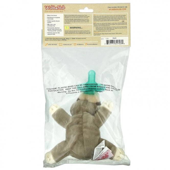 WubbaNub, Соска-пустышка, для детей 0–6 месяцев, ленивец, 1 соска