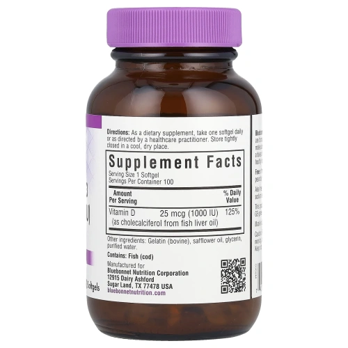 Bluebonnet Nutrition, Vitamin D3, 1000 МЕ (25 mcg), 100 Softgels