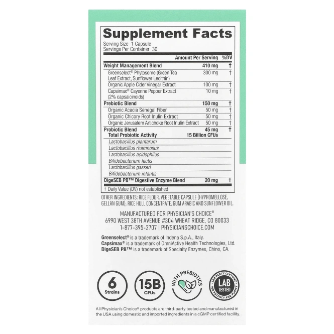 Physician's Choice, Тонкий 30 пробиотиков, 15 млрд КОЕ, 30 капсул