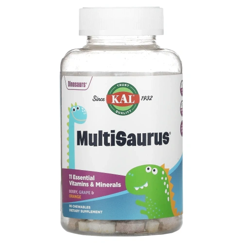 KAL, Dinosaurs, MultiSaurus Витамины и минералы, Ягоды, виноград и апельсин, 90 жевательных таблеток