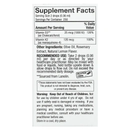 Nature's Answer, витамины D3 и K2, 25 мкг (1000 МЕ) и 120 мкг, 0,5 мл (120 жидк. унций)