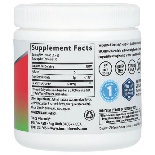 Trace Minerals Research, Порошок NAC (600 мг) Арбуз 2,6 унции