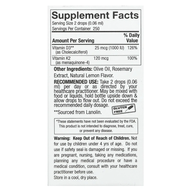 Nature's Answer, витамины D3 и K2, 25 мкг (1000 МЕ) и 120 мкг, 0,5 мл (120 жидк. унций)