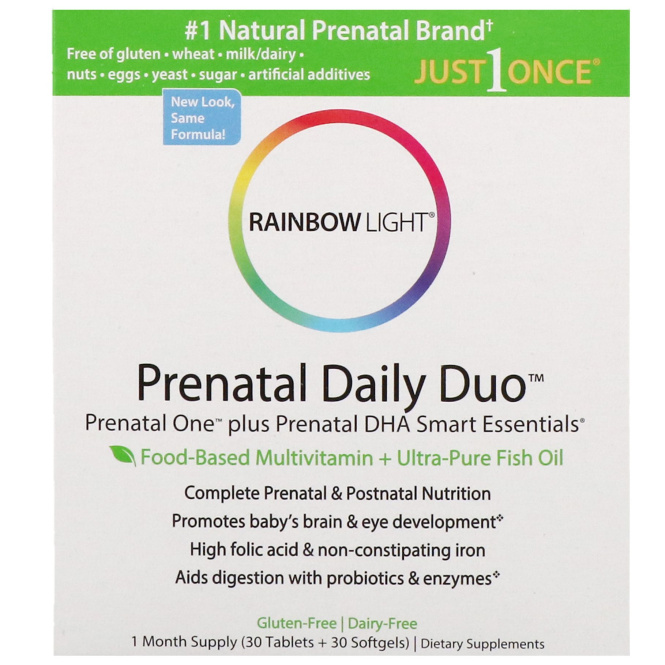 Rainbow Light, Пренатальные мультивитамины Prenatal One plus Prenatal DHA Smart Essentials, на 1 месяц (30 таблеток + 30 желатиновых капсул)