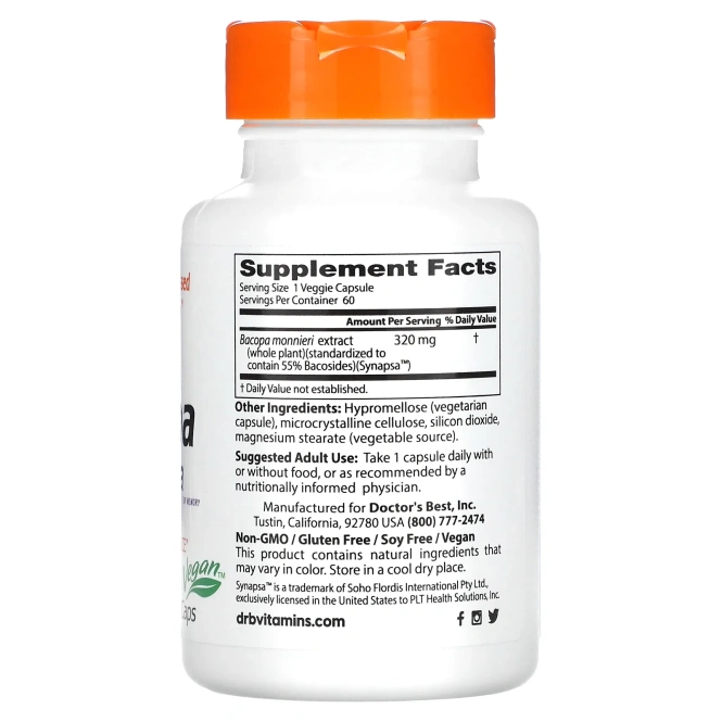 Doctor's Best, Бакопа с Синапсой, 320 мг, 60 Растительных Капсул