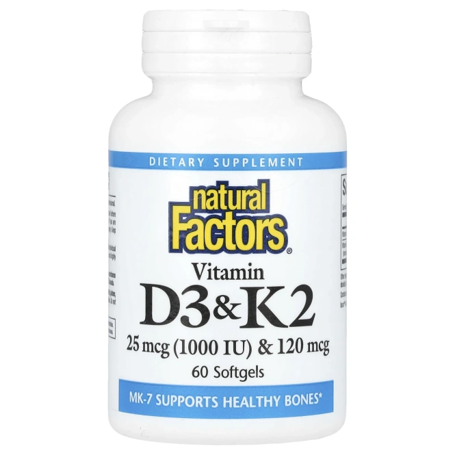 Natural Factors, Витамин D3 и K2, 60 гелевых капсул