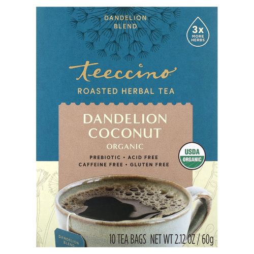 Teeccino, Органический травяной чай с цикорием, со вкусом одуванчика и кокоса, без кофеина, 10 чайных пакетиков, 2,12 унции (60 г)