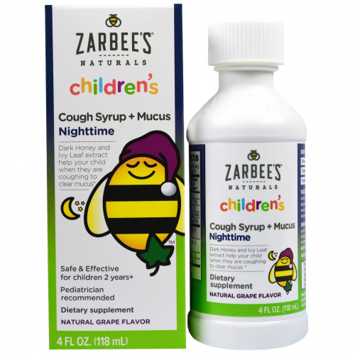 Zarbee's, Детский сироп от кашля + от мокроты в ночное время, натуральный виноградный вкус, 4 ж. унц. (118 мл)