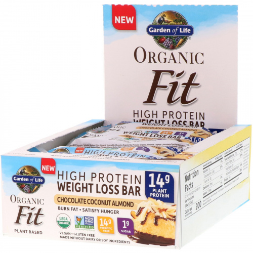 Garden of Life, Organic Fit, батончики для снижения веса с высоким содержанием протеина, шоколад, кокос, миндаль, 12 батончиков, каждый 1,9 унц. (55 г)