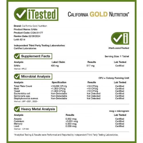 California Gold Nutrition SAMe 400 mg, 60 таблеток