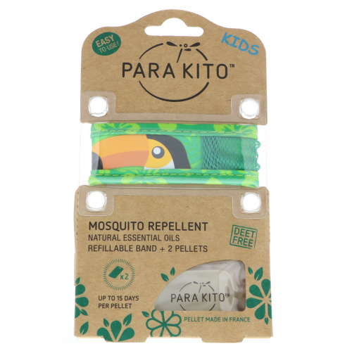 Para'kito, Браслет с репеллентом от комаров + 2 пеллеты, для детей, оранжевый нос, 3 шт. в комплекте