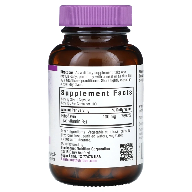 Bluebonnet Nutrition, Витамин B-2, 100 мг, 100 растительных капсул