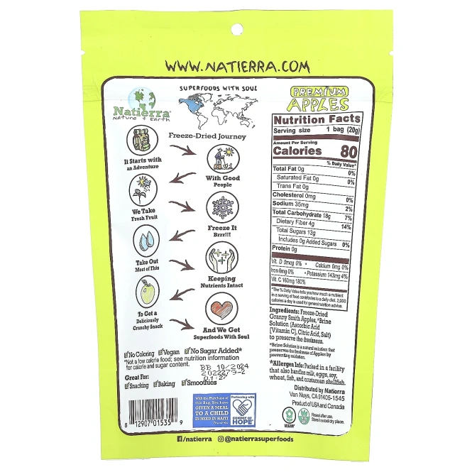 Natierra, сублимированные яблоки премиального качества, 20 г (0,7 унции)