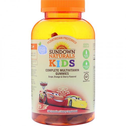 Sundown Naturals Kids, Мультивитаминные жевательные конфеты, Disney Cars 3, со вкусами винограда, апельсина и вишни, 180 жевательных конфет