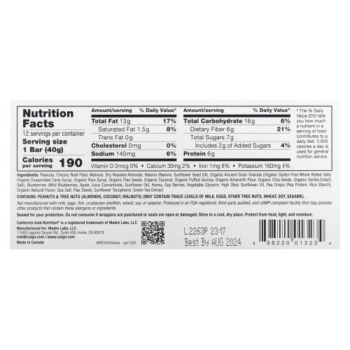 California Gold Nutrition, Foods, жевательные батончики-мюсли с дикой голубикой и миндалем, 12 шт. по 40 г (1,4 унции)