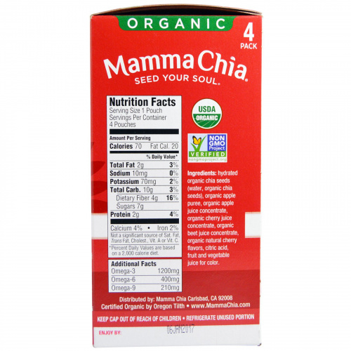 Mamma Chia, Закуска для жизненной силы «Чиа Сквиз», вишня и свекла, 4 пакетика для выжимания, по 3,5 унции (99 г) каждый