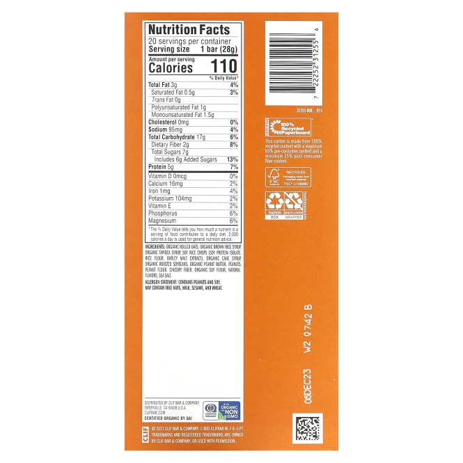 Clif Bar, Энергетический батончик Minis Snack-Size с хрустящим арахисовым маслом 20 батончиков