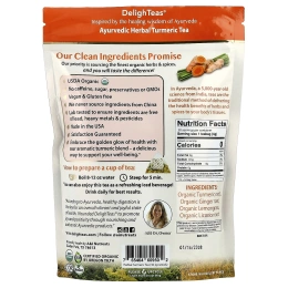 DelighTeas, Аюрведический травяной чай с куркумой, без кофеина, 30 роскошных чайных пакетиков в форме пирамидки, 120 г (4,2 унции)