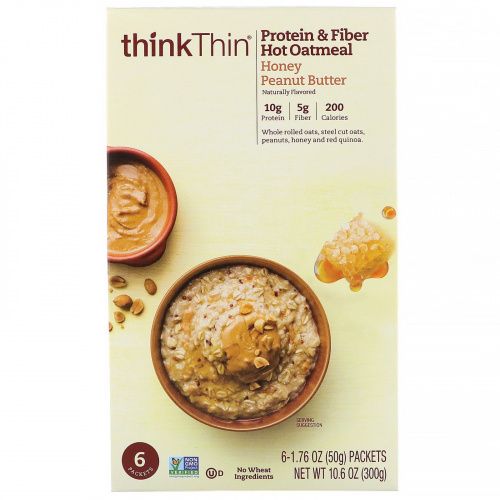Think Thin, Овсянка с протеинами и клетчаткой для приготовления горячих блюд, арахисовая паста с медом, 6 пакетов по 50 г (1,76 унции)