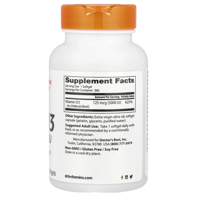 Витамин D3 5000 МЕ (125 мкг) Doctor's Best, 360 желатиновых капсул
