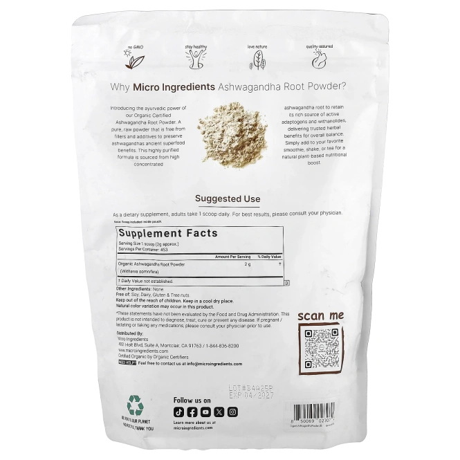 Micro Ingredients, Органический порошок из корня ашваганды, 907 г (2 фунта)
