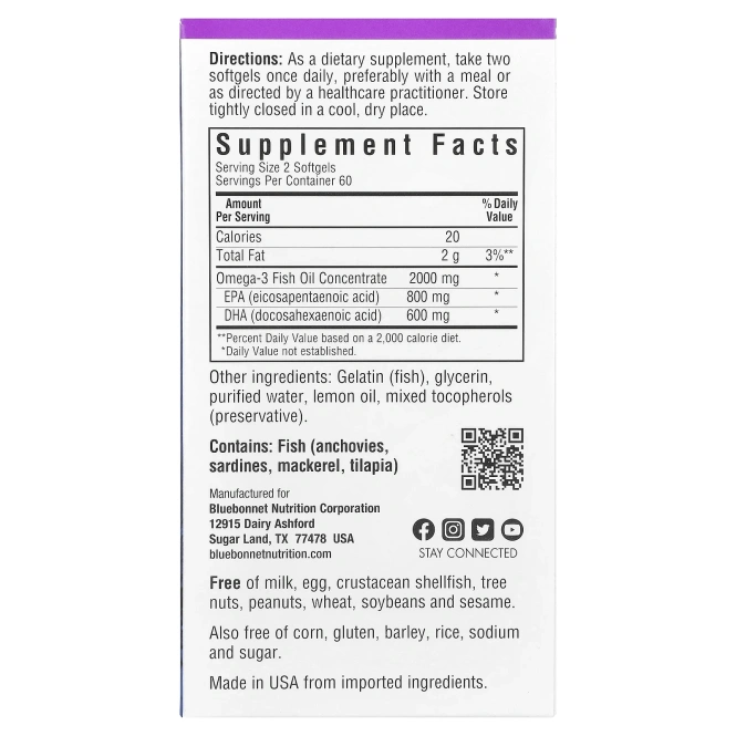 Bluebonnet Nutrition, Натуральный омега-3 состав для сердца, 120 мягких капсул
