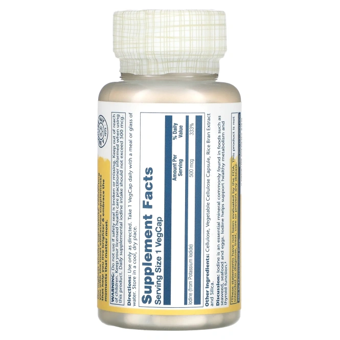 Solaray, Йодин как калий йодид, 500 мкг, 30 вегетарианских капсул