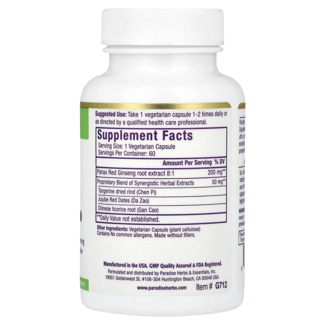 Paradise Herbs, женьшень+, 60 вегетарианских капсул
