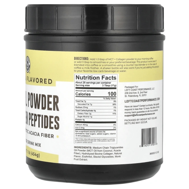 Left Coast Performance, масло MCT в порошке с пептидами коллагена и пребиотическими волокнами акации, со вкусом ванили, 454 г (1 фунт)