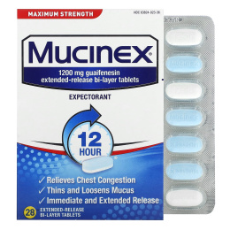 Mucinex, Отхаркивающее средство, максимальная эффективность, 1200 мг, 28 двухслойных таблеток с пролонгированным высвобождением
