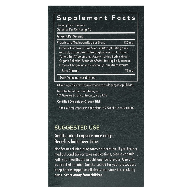Gaia Herbs, Смесь грибов для иммунитета, 40 веганских капсул