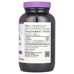 Bluebonnet Nutrition Витамин D3 5000 МЕ (для здоровья костей и иммунитета), 250 желатиновых капсул