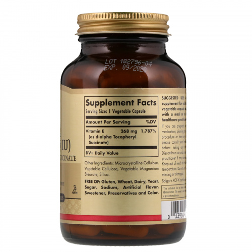 Solgar, Натуральный витамин Е в сухой форме, 400 МЕ, 100 растительных капсул
