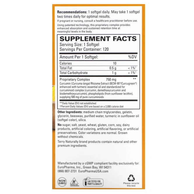 EuroPharma, Terry Naturally, CuraMed, 750 мг, 120 мягких таблеток