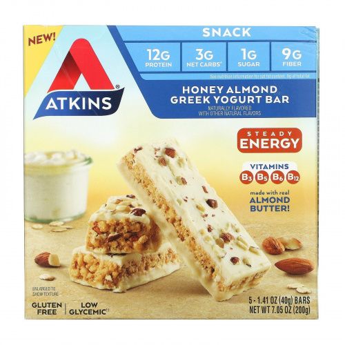 Atkins, Honey Almond Greek Yogurt Bar, Gluten Free, 5 Bars, 1.41 oz (40 g) Each