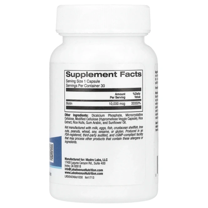 Lake Avenue Nutrition, Биотин, 10 000 мкг, 30 растительных капсул