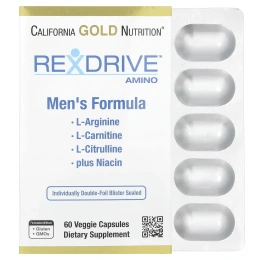 California Gold Nutrition, Rexdrive™ Amino, добавка для мужчин с L-аргинина гидрохлоридом, L-цитруллином, ацетил-L-карнитин аргината дигидрохлоридом и глицин пропионил-L-карнитина гидрохлоридом, 60 растительных капсул