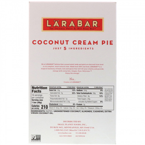 Larabar, Кокосовый сливочный пирог, 16 батончиков по 48 г